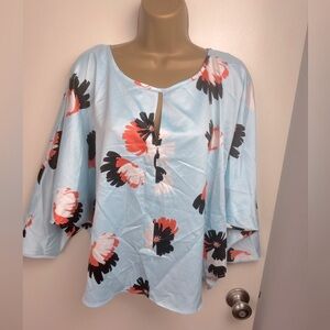 Marc New York Andrew Marc Satin Blue W/Orange Black White Floral Print Top NWT L